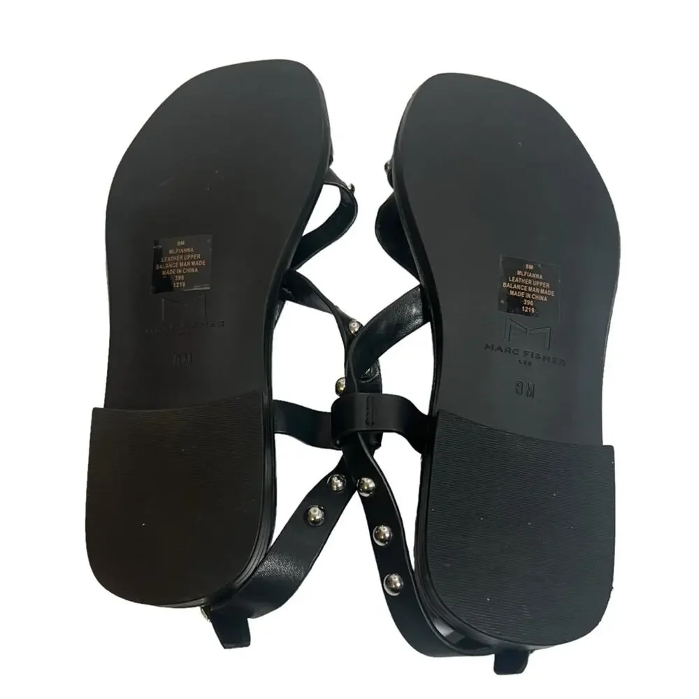 MARC FISHER Fianna Flat Studded Leather Sandals black silver Sz 8